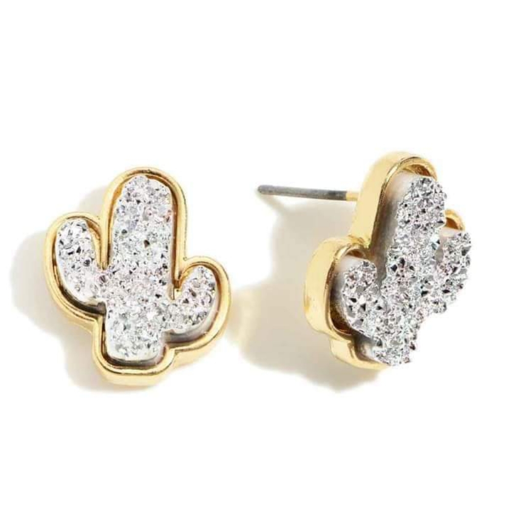 Silver Druzy Cactus Earrings